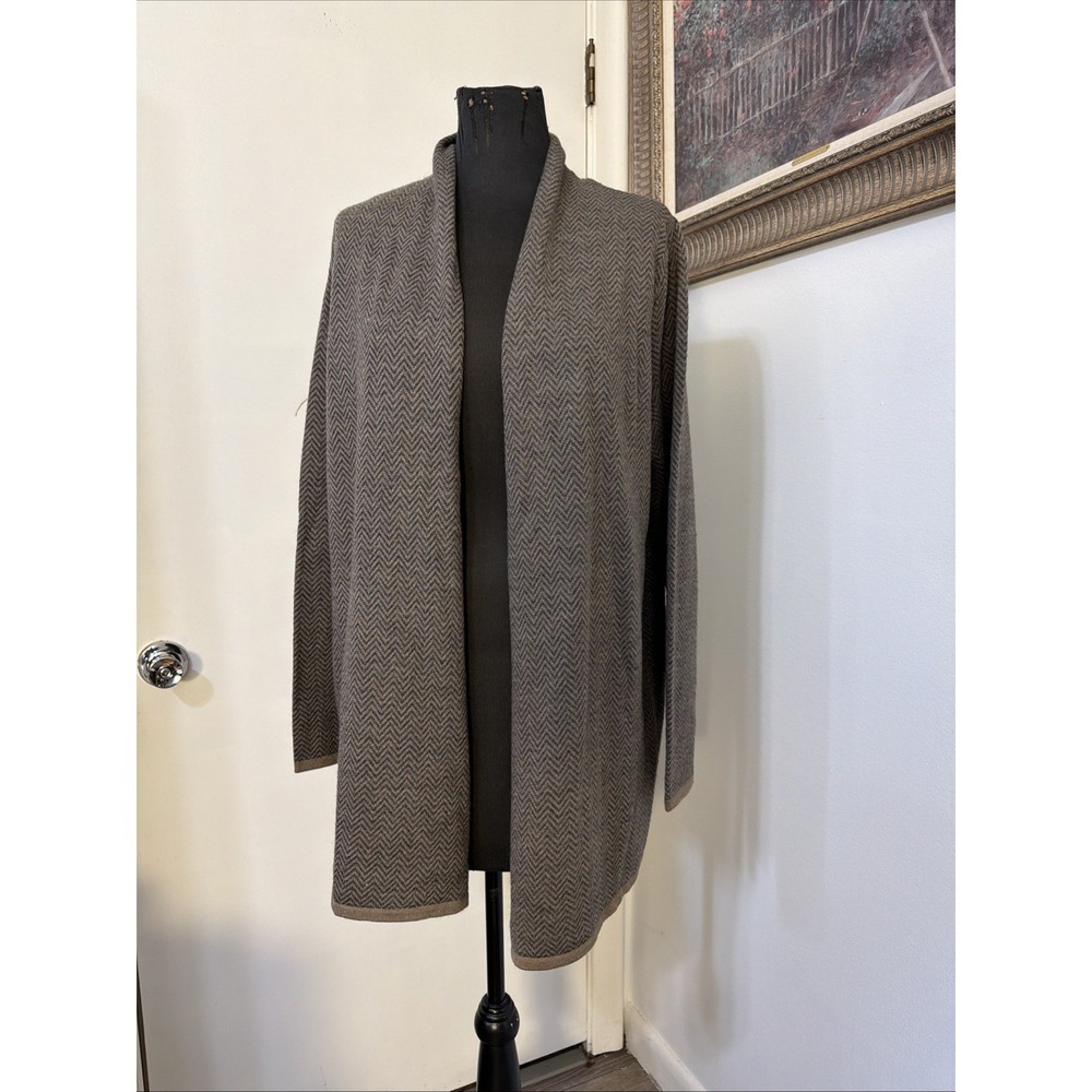 CYNTHIA ROWLEY Woman Sz 1X Cardigan Merino Wool Blend Brown Gray Chevron Knit